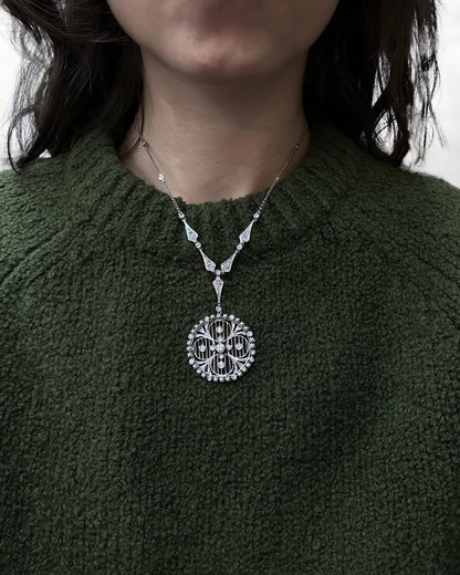 Edwardian-Inspired 18k White Gold Diamond and Pearl Filigree Pendant Necklace