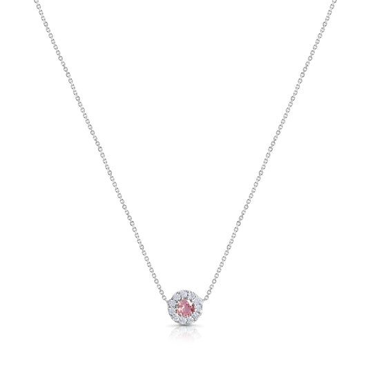 Pink Sapphire and Diamond Halo Pendant Necklace