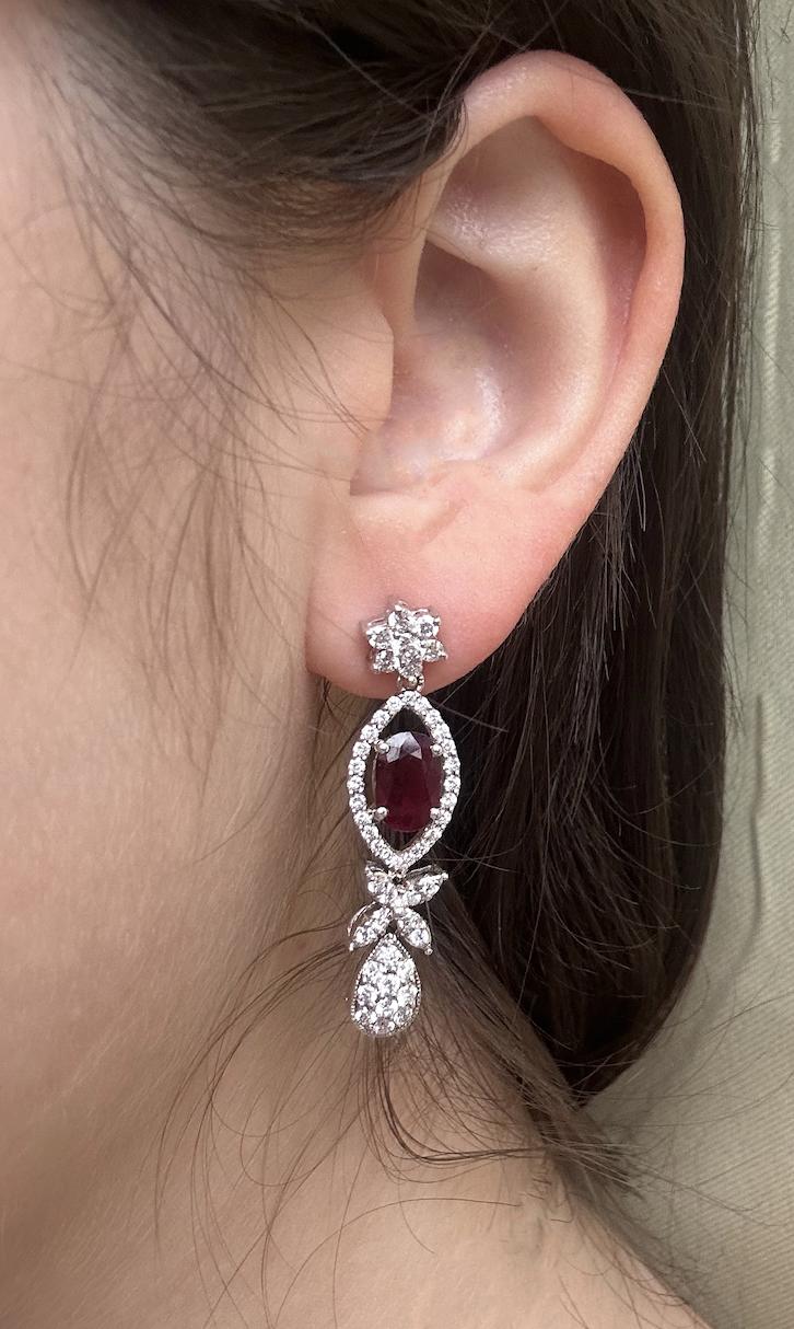 18k White Gold Diamond and Oval Ruby Earrings