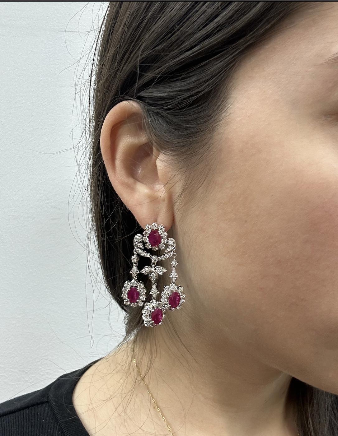 18K White Gold 7.88 Carat Oval Cut Ruby and Diamond Drop Earrings