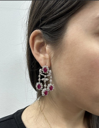 18K White Gold 7.88 Carat Oval Cut Ruby and Diamond Drop Earrings