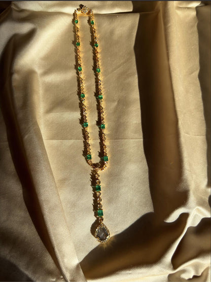 18k Yellow Gold Emerald, and Multicolor Diamond Y Drop Necklace