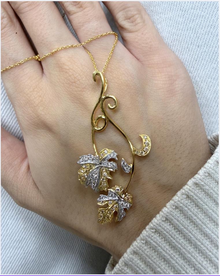 18K Two Tone .69 Carat White and Yellow Diamond Leaf Pendant with 14K Chain