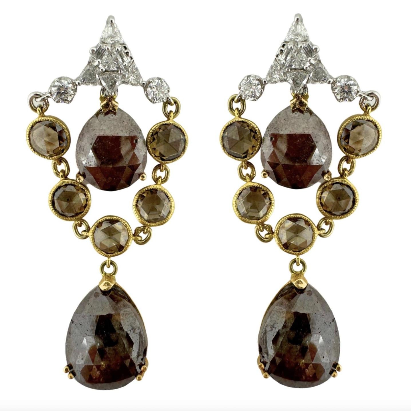 Vintage Inspired 18K Two Tone White and Brown Rose Cut Diamond Drop Earrings
