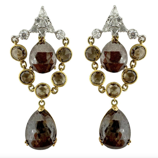 Vintage Inspired 18K Two Tone White and Brown Rose Cut Diamond Drop Earrings