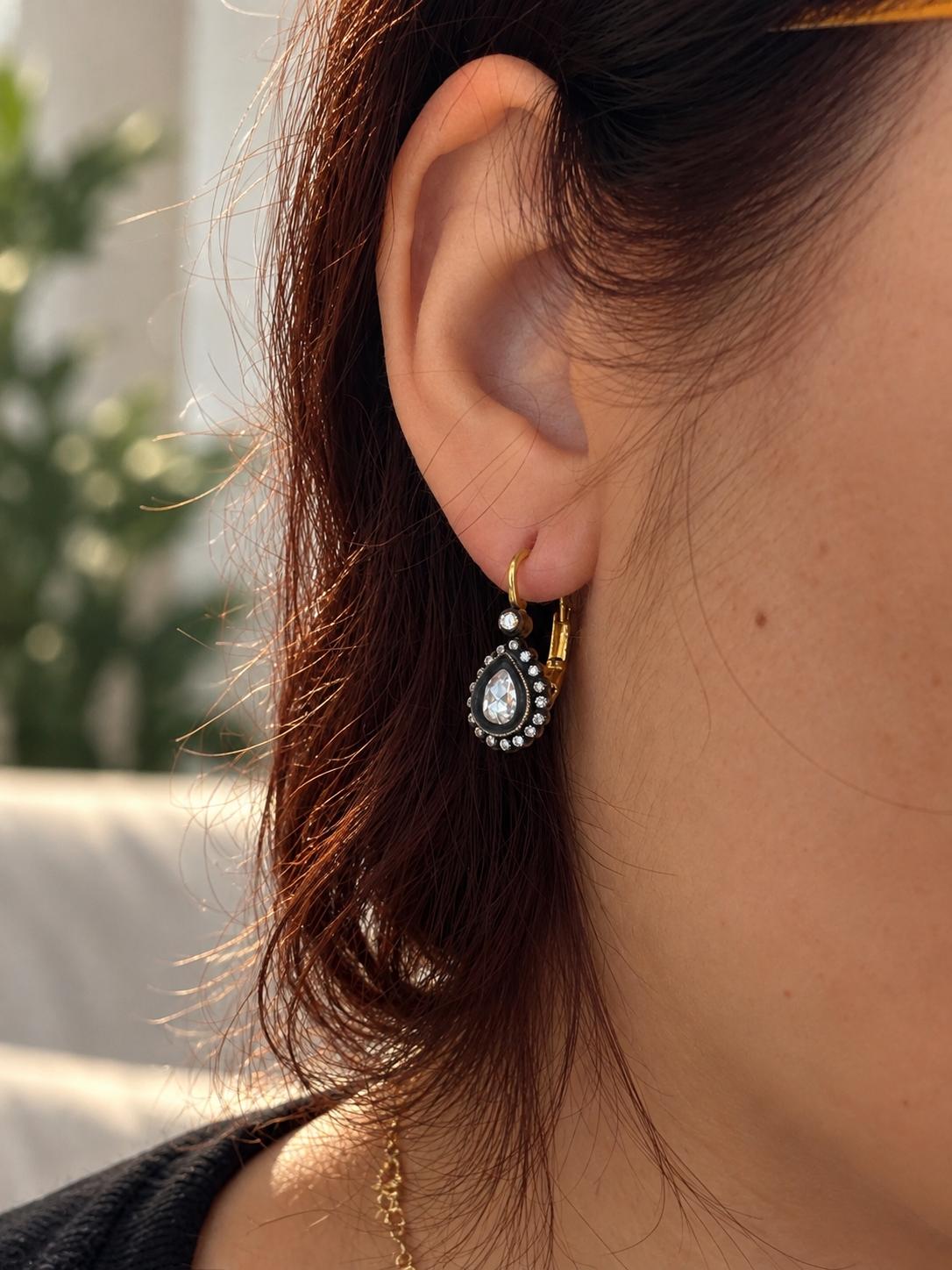 18K Yellow Gold and Silver Top .77 Carat Rose Cut Diamond Drop Earrings