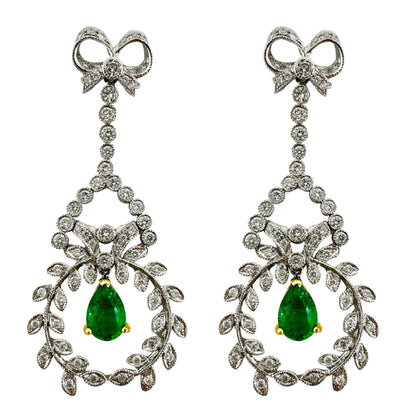 18K White Gold Diamond and Pear Cut Emerald Earrings