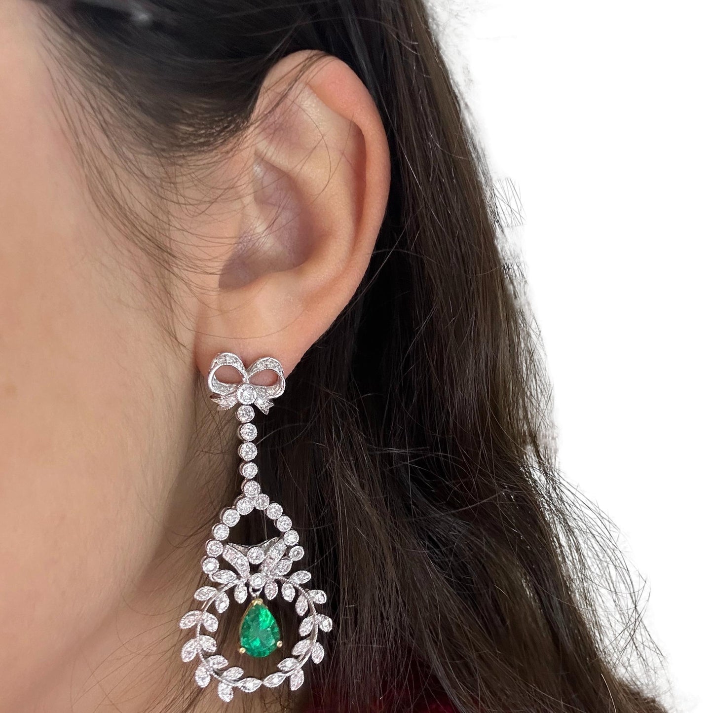 18K White Gold Diamond and Pear Cut Emerald Earrings