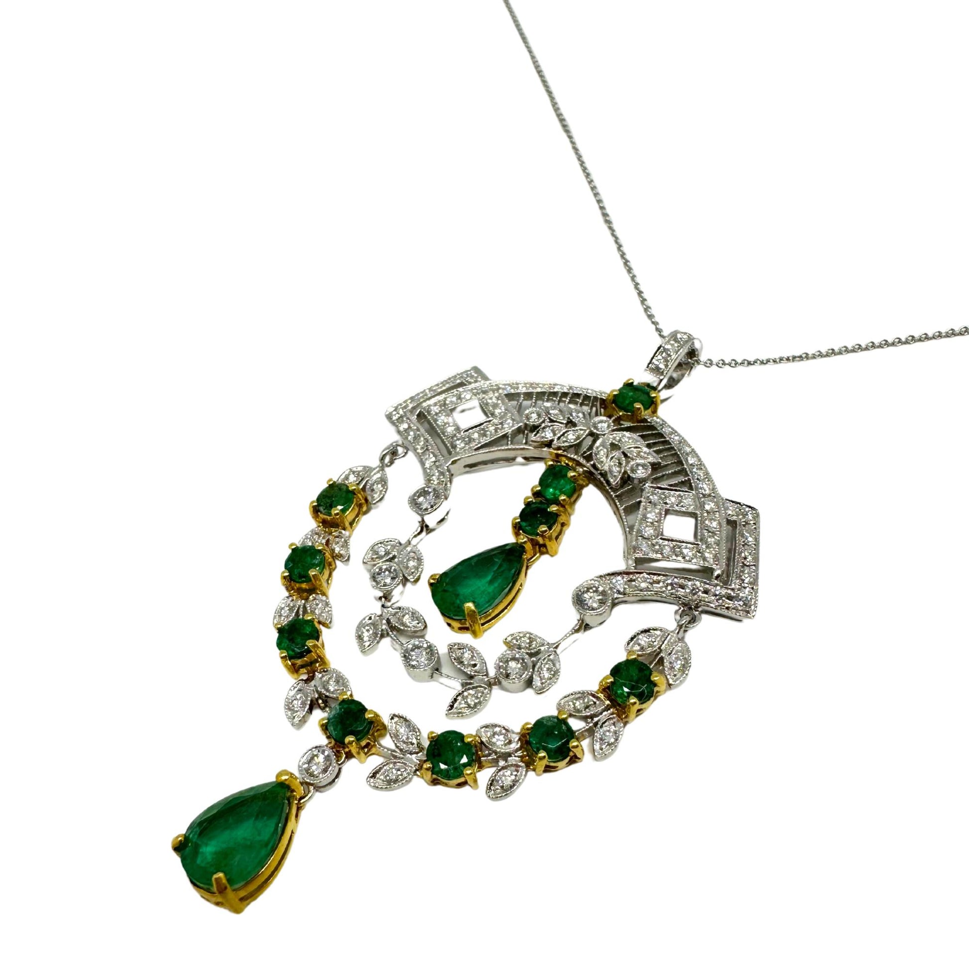 18K Two Tone Diamond and Emerald Pendant Necklace