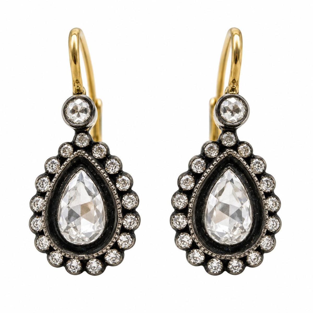 18K Yellow Gold and Silver Top .77 Carat Rose Cut Diamond Drop Earrings