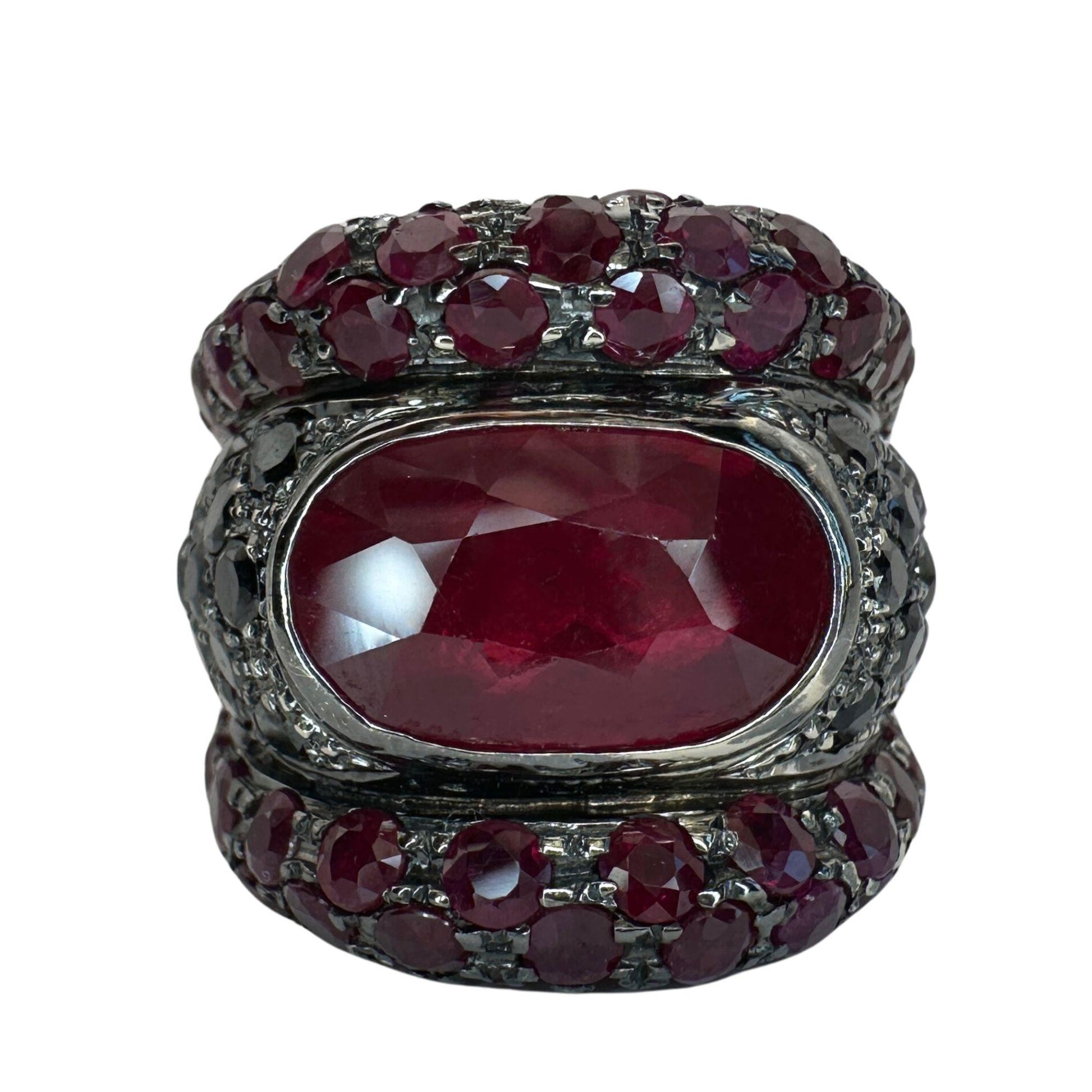 18K White Gold Black Diamond, African Ruby and Ruby Wide Band Ring - Size 7.50