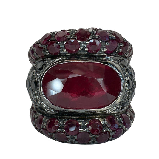 18K White Gold Black Diamond, African Ruby and Ruby Wide Band Ring - Size 7.50