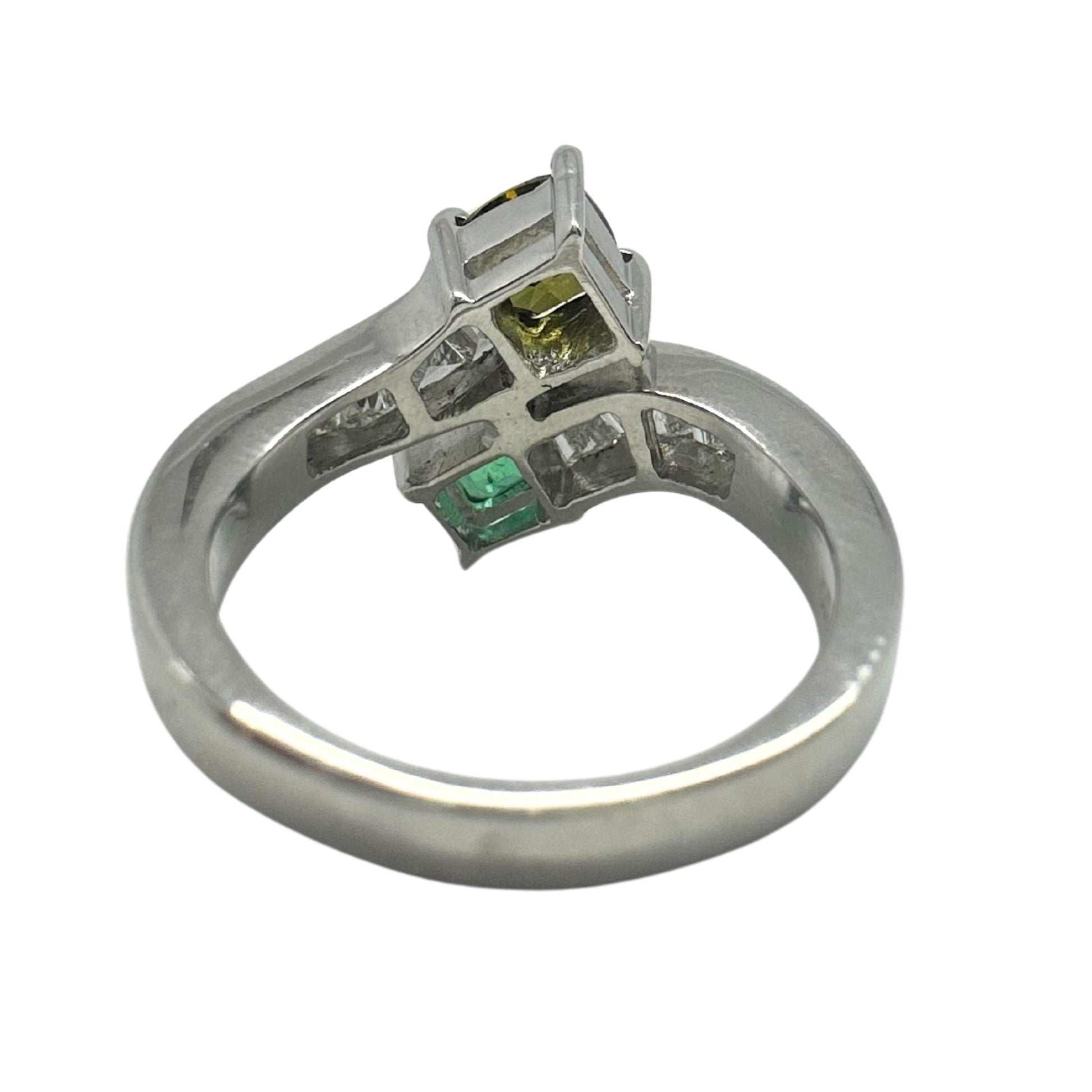 18K White Gold Brown Diamond, Baguette-Cut White Diamond, and Emerald Toi et Moi