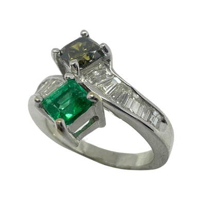 18K White Gold Brown Diamond, Baguette-Cut White Diamond, and Emerald Toi et Moi