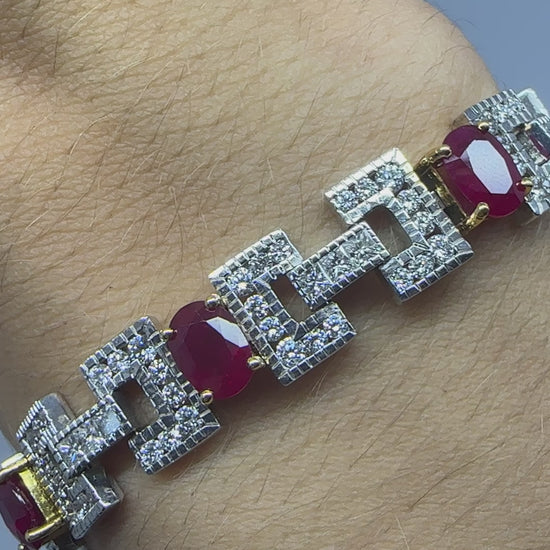18K Two Tone 8.19 Carat Oval Cut Ruby and Diamond Bracelet - 7.5 inches