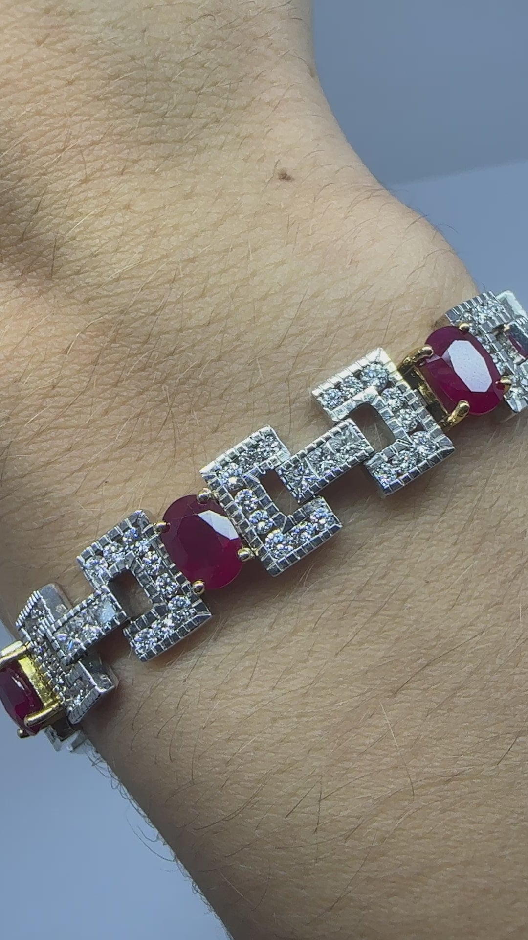 18K Two Tone 8.19 Carat Oval Cut Ruby and Diamond Bracelet - 7.5 inches