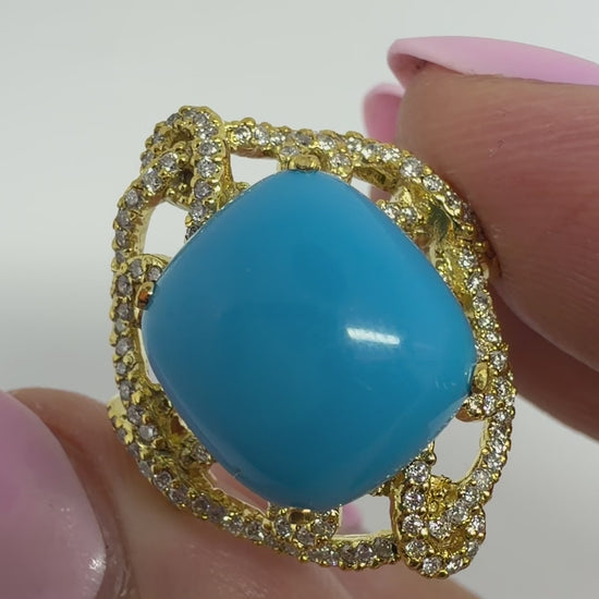 18K Yellow Gold Diamond and Turquoise Ring - Size 6.5