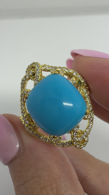 18K Yellow Gold Diamond and Turquoise Ring - Size 6.5