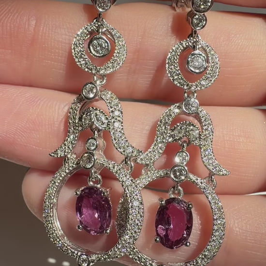 18K White Gold Diamond and 2.52 Carat Oval Cut Ruby Drop Earrings