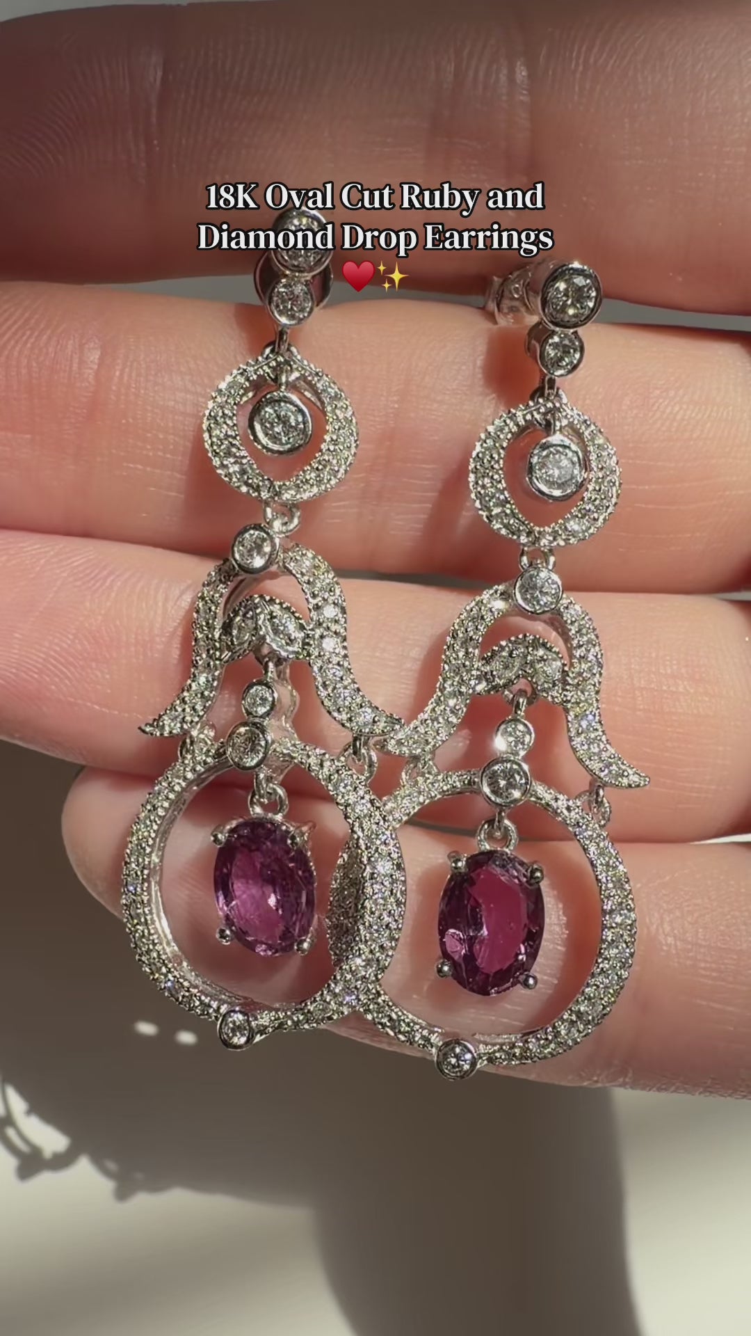 18K White Gold Diamond and 2.52 Carat Oval Cut Ruby Drop Earrings