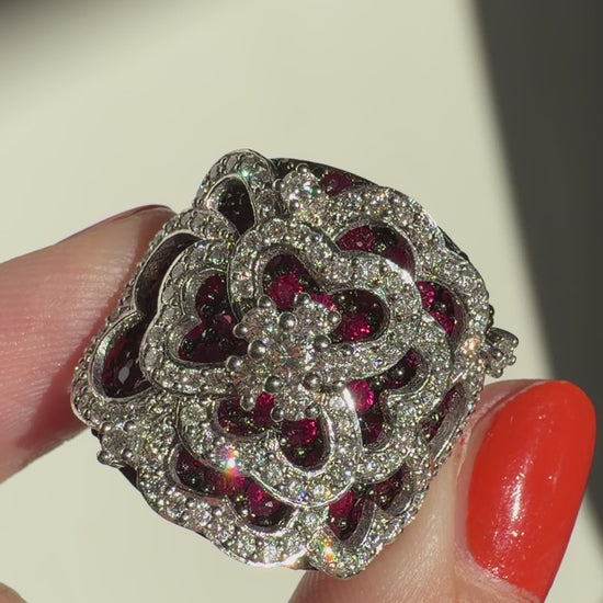 18K White Gold 1.28 Carat Diamond and 4.45 Carat Ruby Spider Web Wide Band Ring