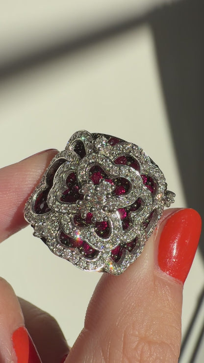 18K White Gold 1.28 Carat Diamond and 4.45 Carat Ruby Spider Web Wide Band Ring