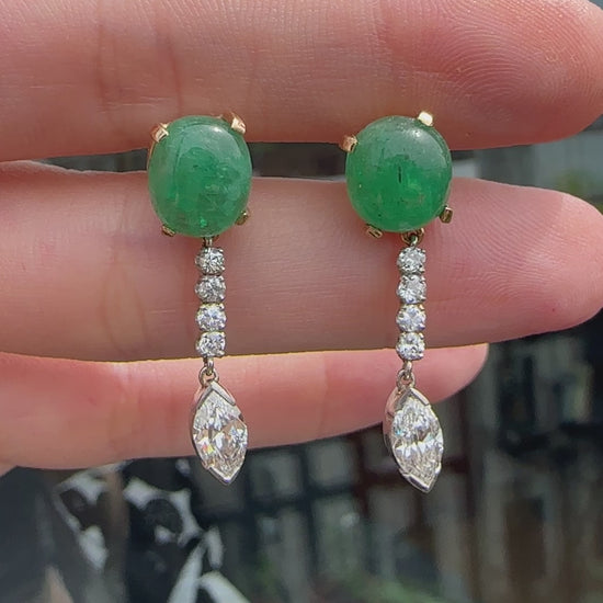 1940's Platinum and 18k Diamond and Cabochon Emerald Earrings