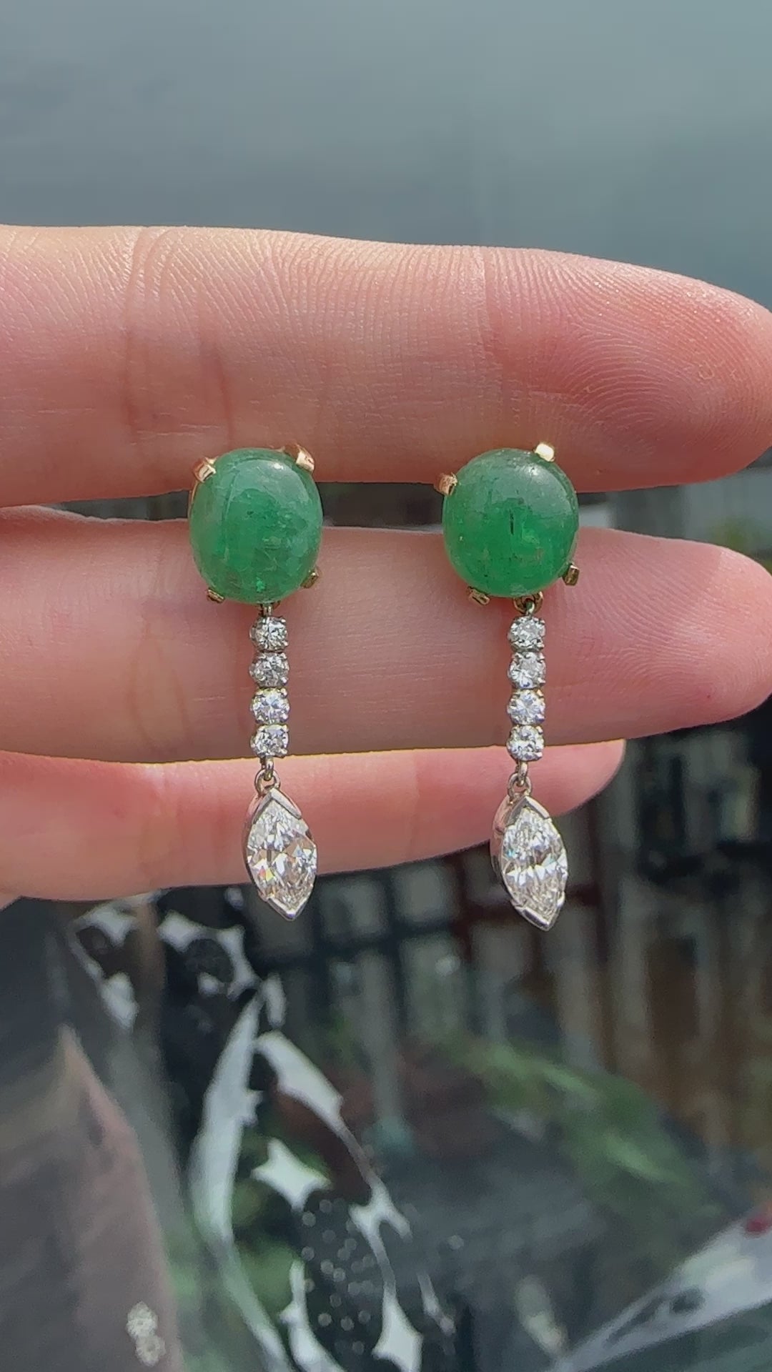 1940's Platinum and 18k Diamond and Cabochon Emerald Earrings