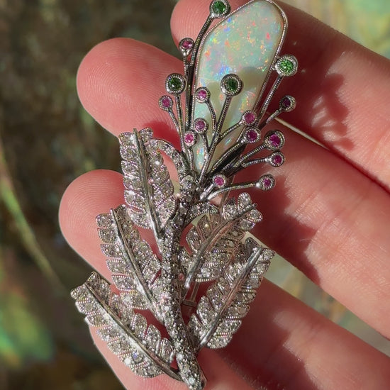 18K Diamond, Multi Sapphire and Opal Brooch