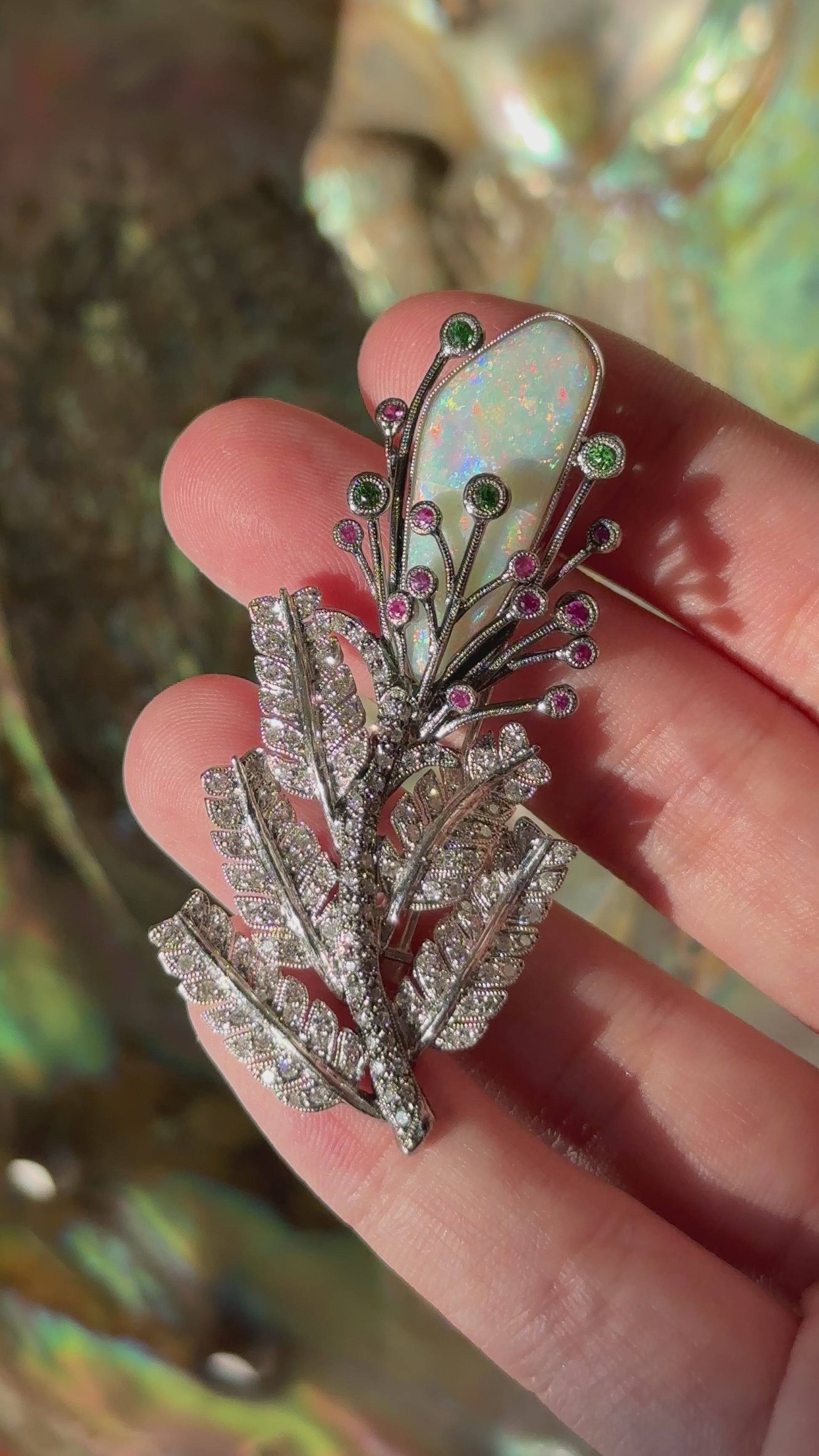 18K Diamond, Multi Sapphire and Opal Brooch