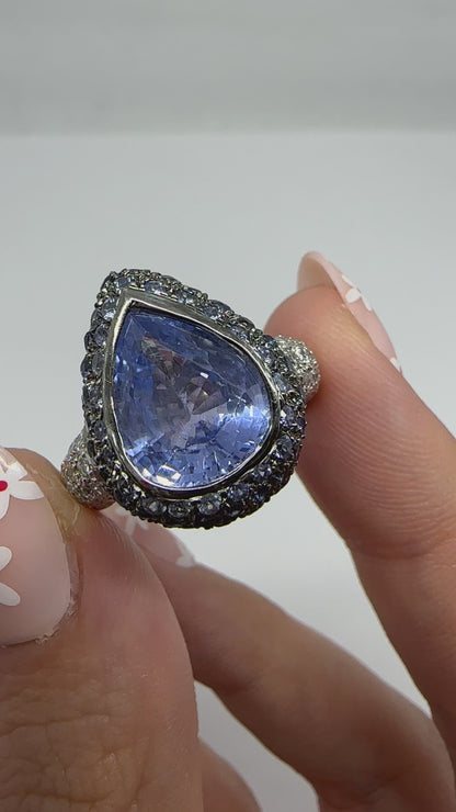 18K White Gold 5.15 Carat Pear Cut Sapphire and Diamond Ring - Size 6.5