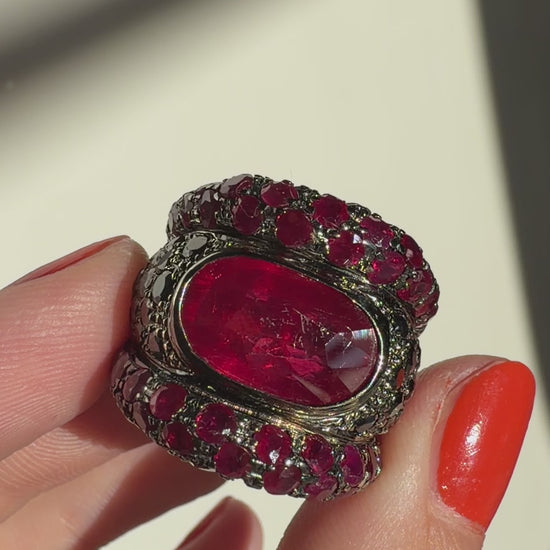 18K White Gold Black Diamond, African Ruby and Ruby Wide Band Ring - Size 7.50