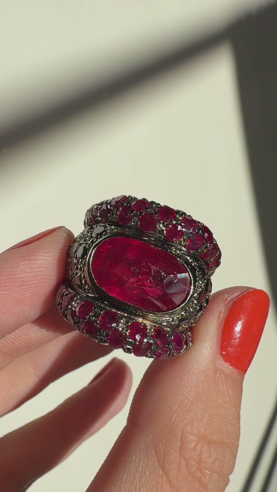 18K White Gold Black Diamond, African Ruby and Ruby Wide Band Ring - Size 7.50