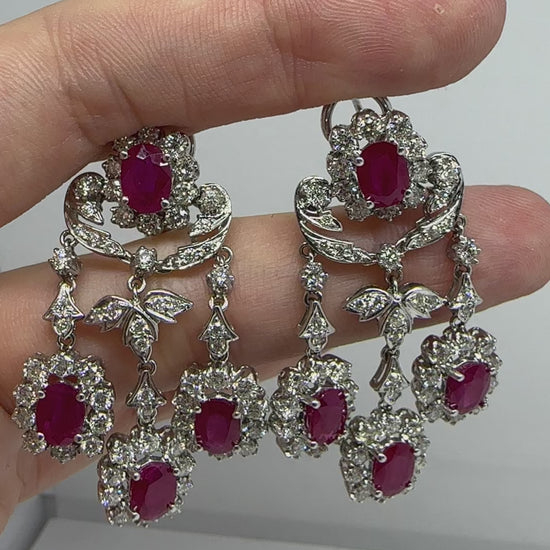 18K White Gold 7.88 Carat Oval Cut Ruby and Diamond Drop Earrings