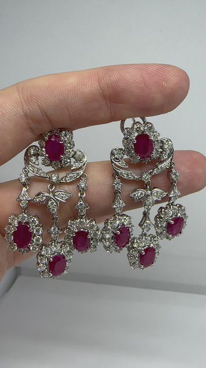 18K White Gold 7.88 Carat Oval Cut Ruby and Diamond Drop Earrings