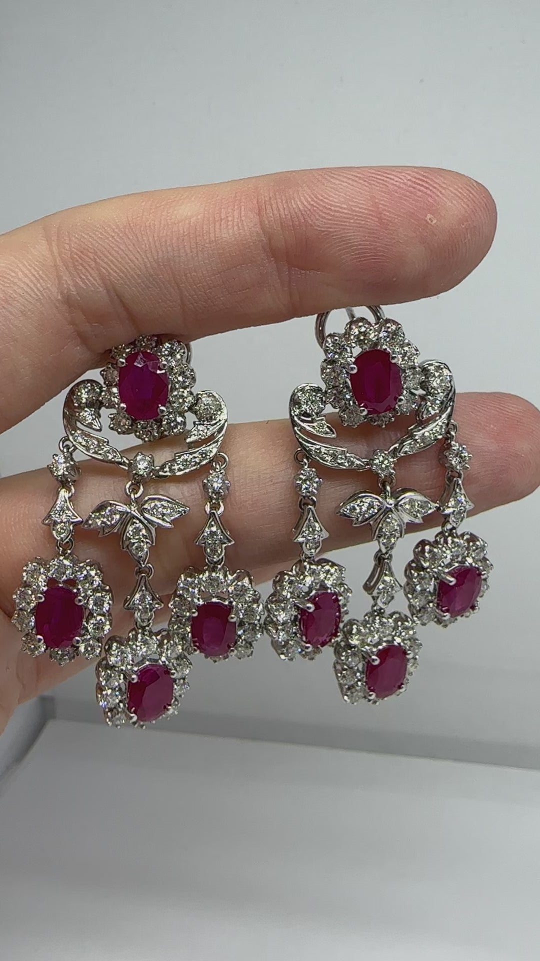 18K White Gold 7.88 Carat Oval Cut Ruby and Diamond Drop Earrings