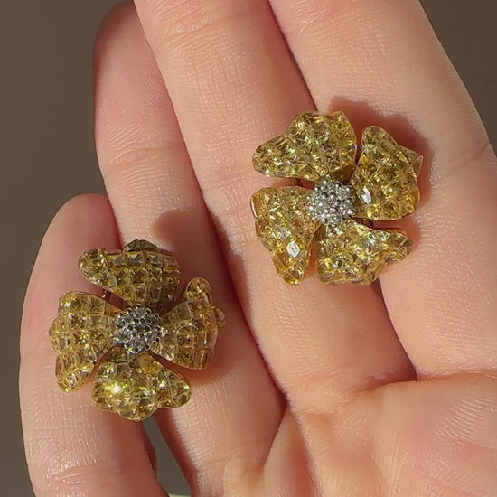 18K Yellow Gold Diamond and Yellow Sapphire Flower Earrings