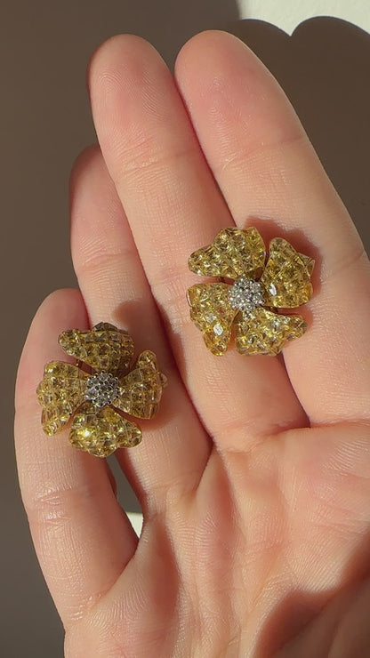 18K Yellow Gold Diamond and Yellow Sapphire Flower Earrings