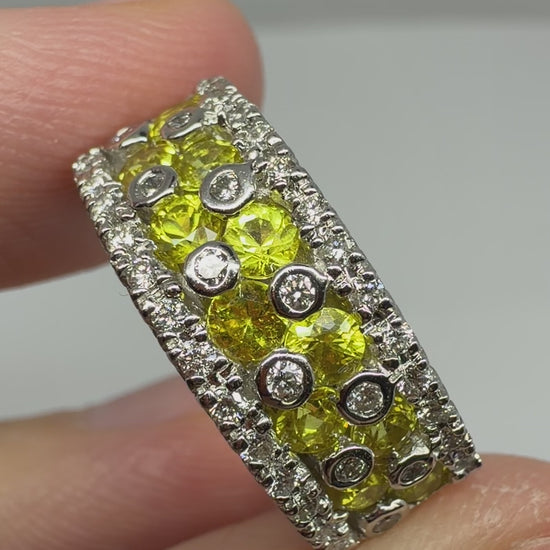 18k White Gold Diamond and Yellow Sapphire Wide Band Ring