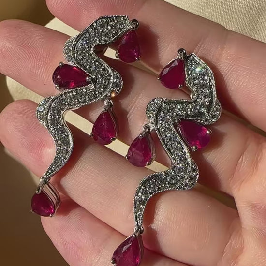 18K White Gold Diamond and 8.00 Carat Pear Shaped Ruby Snake Drop Earrings