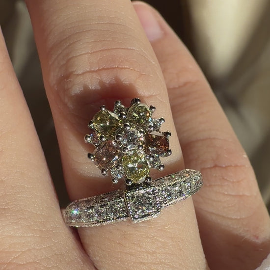 18k White Gold White and Brown Diamond Tiara Ring