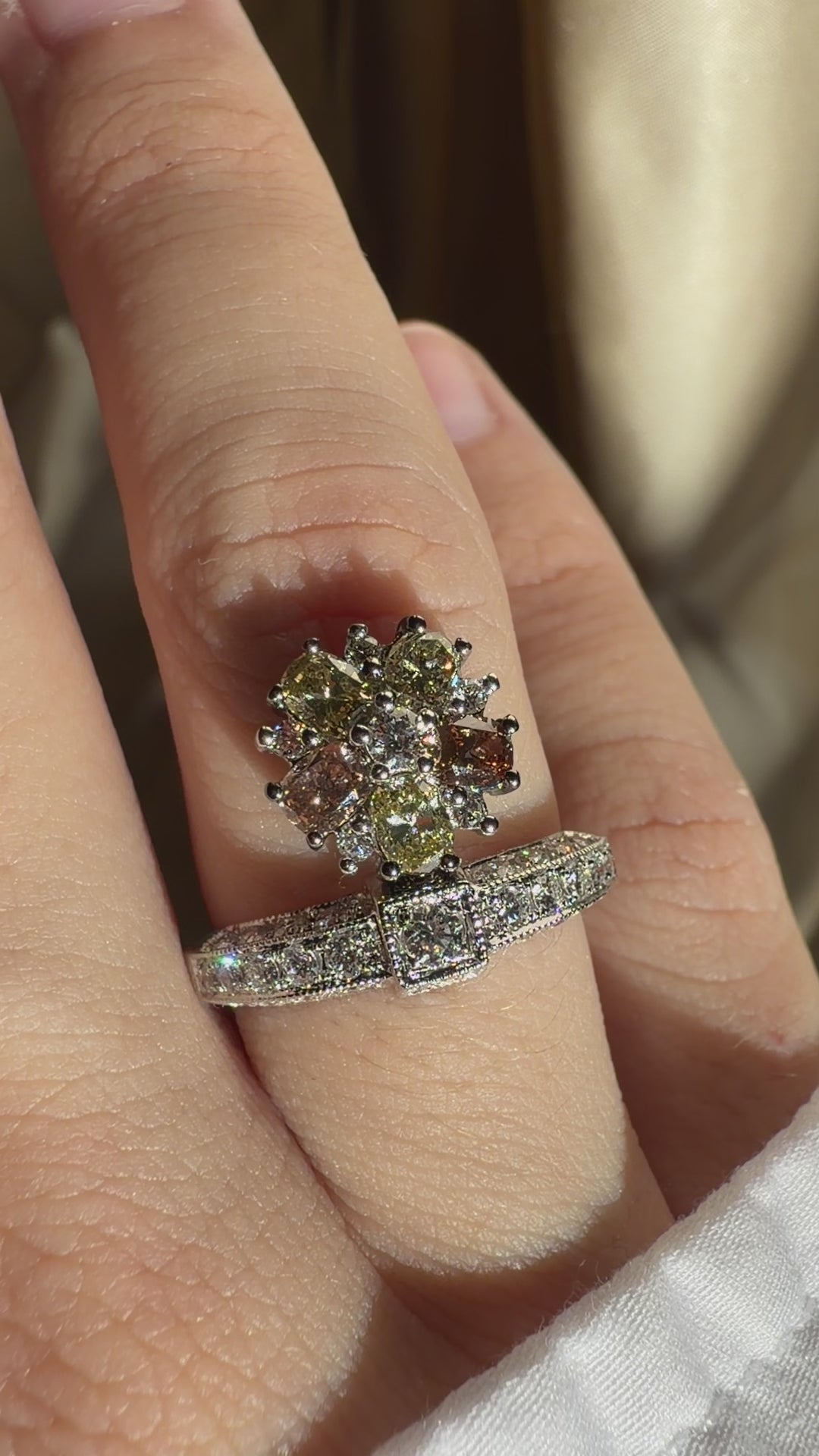 18k White Gold White and Brown Diamond Tiara Ring