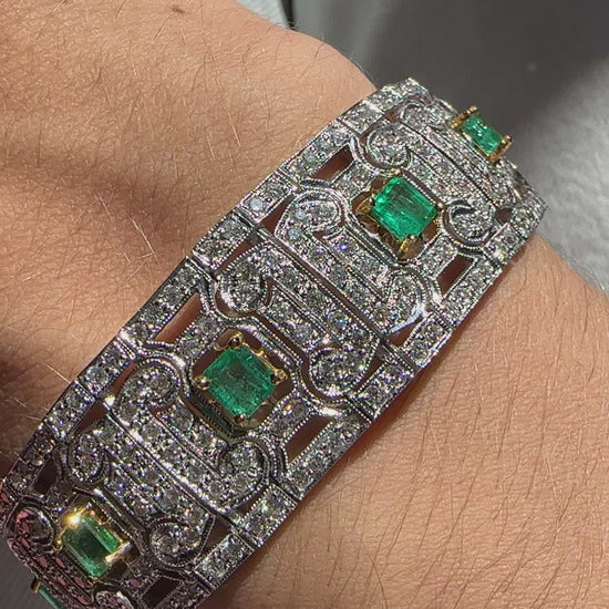 Vintage Inspired 18K Two Tone 3.58 Carat Emerald and Diamond Openwork Bracelet