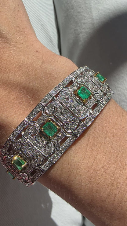 Vintage Inspired 18K Two Tone 3.58 Carat Emerald and Diamond Openwork Bracelet