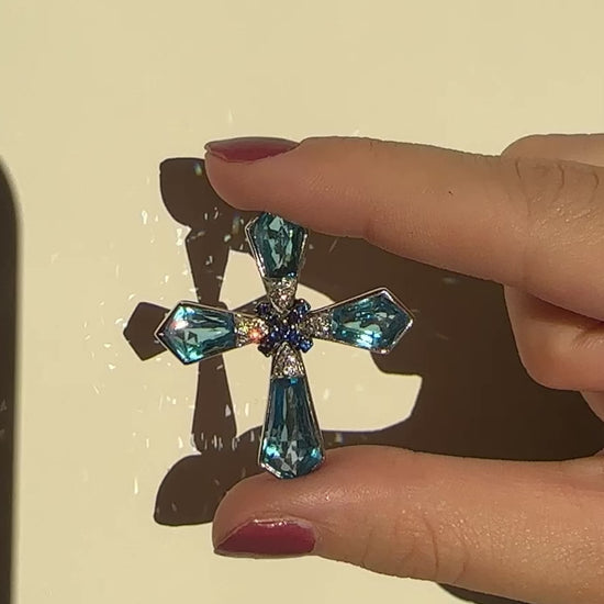 18k Estate Diamond, Sapphire, and London Blue Topaz Gadi Cross Pendant