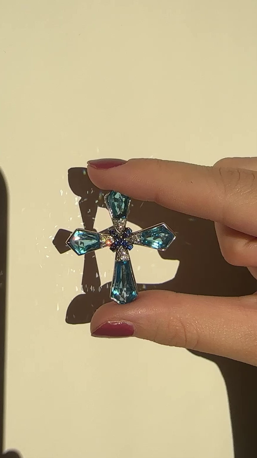 18k Estate Diamond, Sapphire, and London Blue Topaz Gadi Cross Pendant