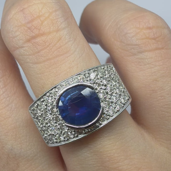 18k White Gold Round Cut Sapphire and Diamond Wide Band Ring - Size 6.50