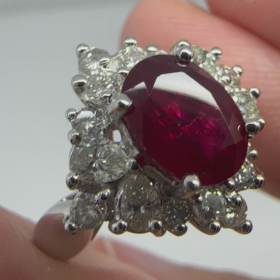 18K White Gold 2.04 Carat Oval Cut Ruby and Pear Cut Diamond Ring - Size 6.25