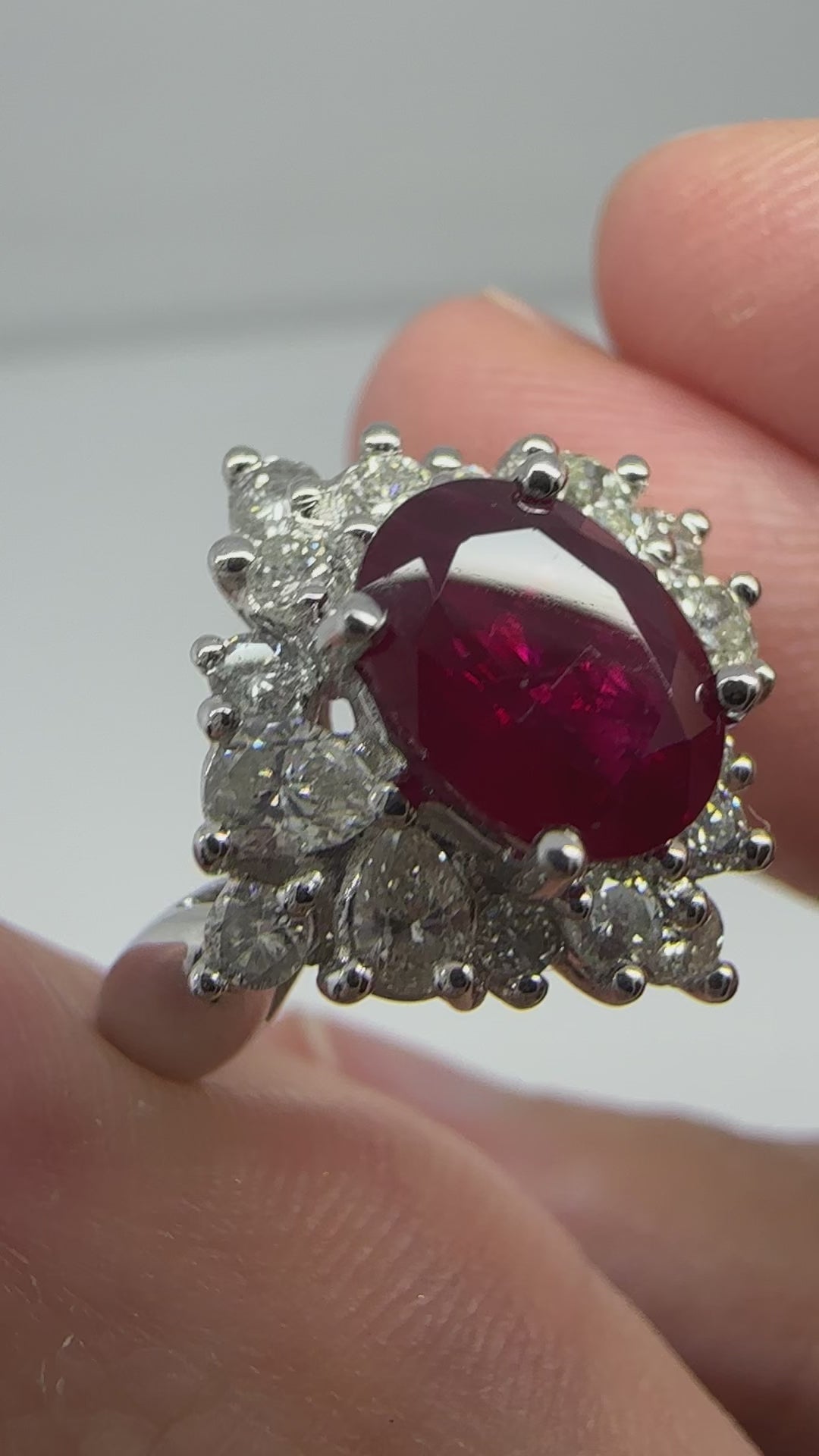 18K White Gold 2.04 Carat Oval Cut Ruby and Pear Cut Diamond Ring - Size 6.25