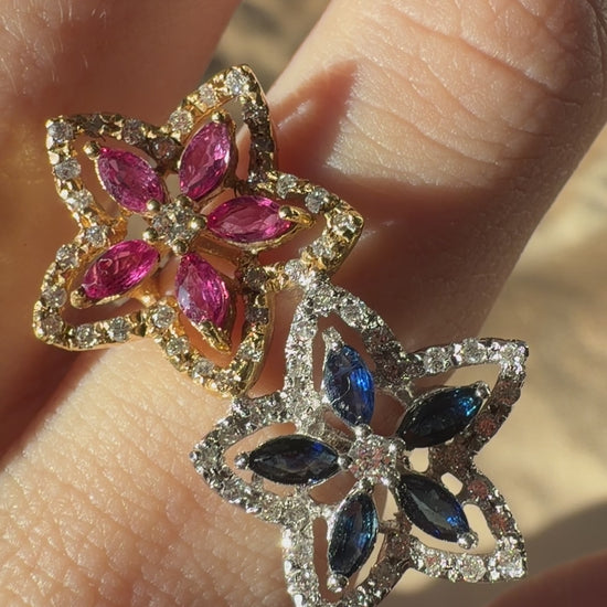 18K Two Tone Marquise Sapphire, Ruby and Diamond Bypass Floral Ring